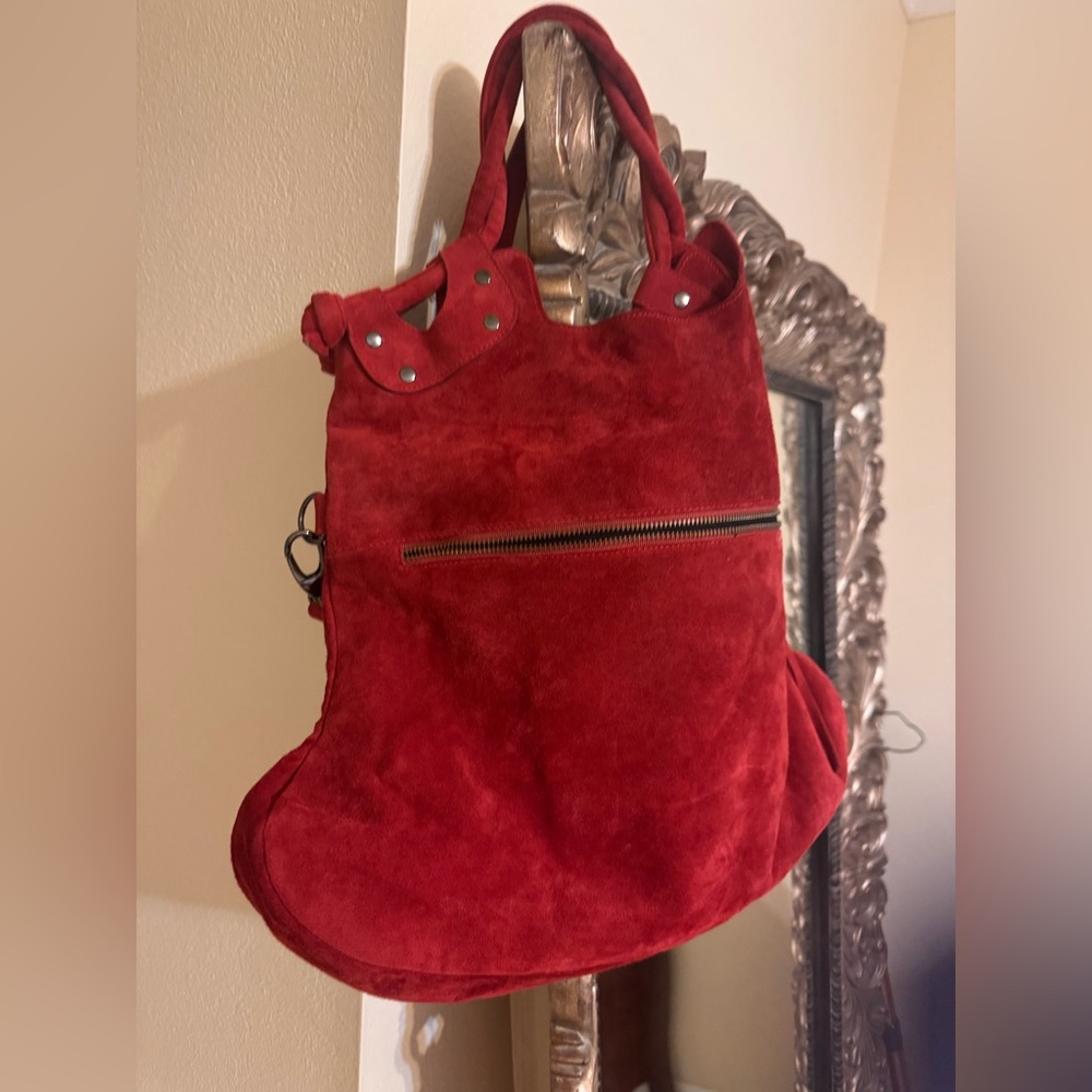 RED leather suede slouchy handbag or crossbody
